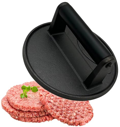 Calolin Cast Iron Burger Press with Wood Handle, 6.3 in Heavy-Duty Round Meat Press for Even Cooking, Smash Burger Press for Grilling, BBQ, Bacon, Vegetables, Sandwiches