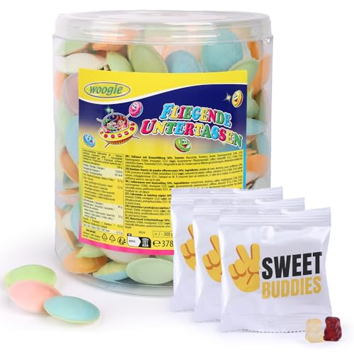 Woogie Soucoupes volantes 378g env. 300 pièces avec 3x10g sachets de Sweet Buddies Ours Gélifiés - OVNIs effervescents - Friandises rétro cultes pour fêtes, anniversaires d'enfants & classes d'école