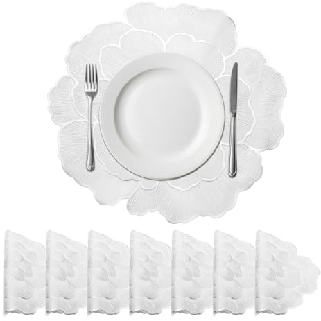 QUARKZMAN Set Di 8 Sottopiatti Rotondi Sottopiatti 15 x 15/38 x 38cm | Con Bordo Argentato E Motivo Floreale, Rosa Bianco, In Polivinile Metallizzato, Per Tavoli Da Pranzo, Lavabili, Tavolo