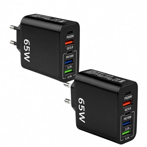 2 Piezas Cargador USB C 65W Cargador Múltiple con 5 Puertos, Viaje Compacto | 2 USB-C PD + 3 USB-A QC3.0 para iPhone 16 15 14 13 12 Pro, para Samsung Xiaomi Huawei iPad Enchufe USB para Hogar Oficina