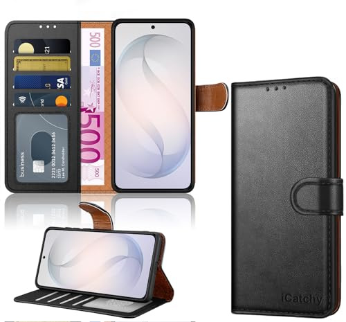 iCatchy for Samsung S26 Case Wallet Flip Cover, PU Leather Phone Case for Samsung Galaxy S26 with 4 Card Slots, Magnetic Closure, Kickstand, Shockproof Protective Folio Case (Black)