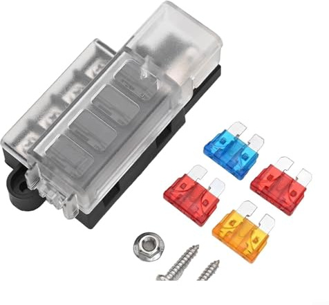 4-Gang-Sicherungskasten für ATO-ATC-Sicherungen, 12 V, 24 V, Klemmleiste mit M5-Plusbolzen, max. 100 A, schwarzes Gehäuse und transparente Abdeckung, für Automobil- und Marine-Nutzung