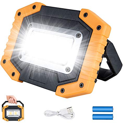 Guyisile Akku Strahler Baustrahler Wiederaufladbare 30W,2000lm,3 Modi | Tragbares Wasserdichter LED Arbeitsstrahler Floodlight,COB Campingleuchten für Garage,Angeln,Camping (2 Batterien inbegriffen
