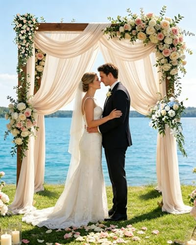 ugaxhome 2 Stück 75x600cm Hochzeit Vorhang Chiffon-Stoff Hochzeitsbogen Traubogen Vorhang Querbehang Hochzeits Hintergrund Volant Vorhäng Hängender Effekt für Hochzeit Fotografie (Champagner)