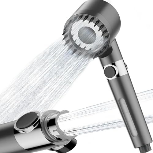 BENTRIP High Pressure Shower Head with 15-Stage Hard Water Filter – 4-in-1 Spray Modes for SPA & Massage, Chlorine & Limescale Removal – Includes PVC Hose & 3 Extra Cartridges – Iron Grey