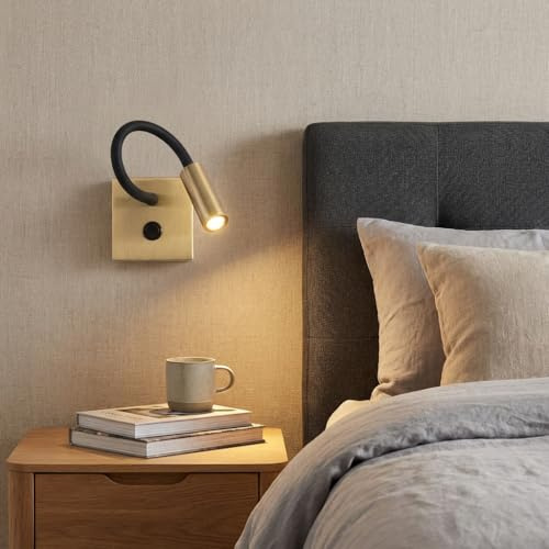 BARCELONA LED Aplique de Pared LED Hale 3W Dorado en Aluminio con Brazo Flexible Negro, Lámpara de Lectura Orientable Pequeña, Estilo Clásico Moderno Vintage de Lujo para Dormitorio y Cabecero