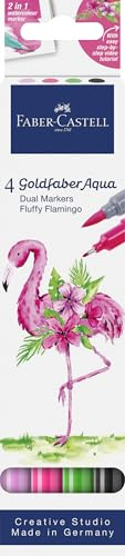 FABER-CASTELL - Goldfaber Aqua Dual Marker Fluffy Flamingo, 4 Farben | Wasservermalbare Dual Marker mit Pinselspitze und Fineliner für Aquarellmalerei und Lettering