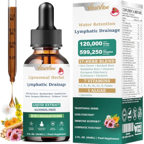 VitalVibe Gouttes de Drainage Lymphatique Anti-Rétention d’Eau - 60 ml | Complexe Détox Drainant Liposomal 25-en-1 - Pissenlit, Bardane & Vitamines C, B, D3 & Zinc Immunité & Bien-être Sans Alcool