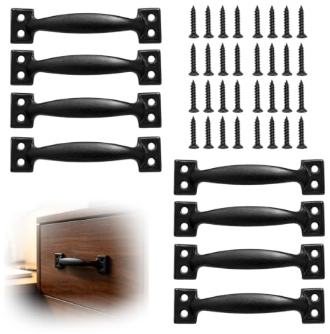WORUIB 8PCS Gate Handle, Black Door Handles for Wooden Gates, Outdoor Gate Installation and Furniture Drawer Replacement,with D-Pull Design and Mounting Hardware, Suitable for Garden Sheds and Rustic