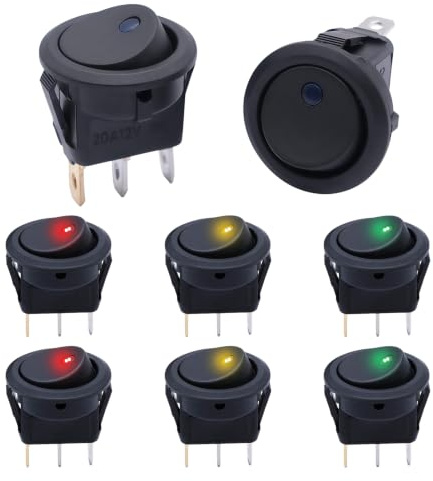 8 Pezzi Interruttore a Bilanciere Rotondo con Indicatore a 4 LED Colori, 12V/20A DC 3 Pin ON/OFF, Interruttore a Levetta, Rotondi Pulsante, Interruttori per Auto, Barca, Elettrodomestici