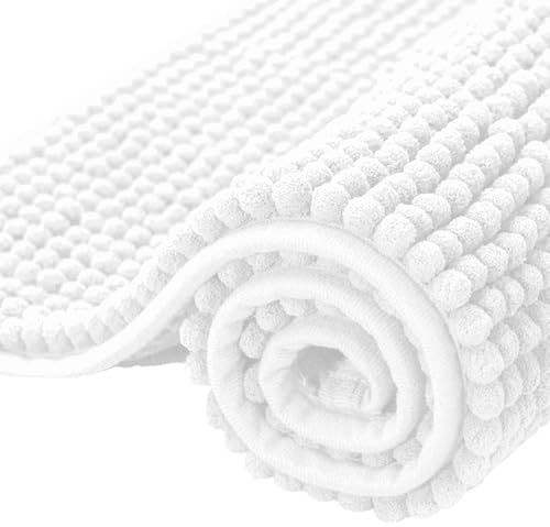 SUBRTEX Bathroom Rugs Chenille Bath Rug Soft Short Plush Bath Mat Soft Shower Mat Water Absorbent Shower Mat Quick Dry Machine Washable (White, 20 x 32)