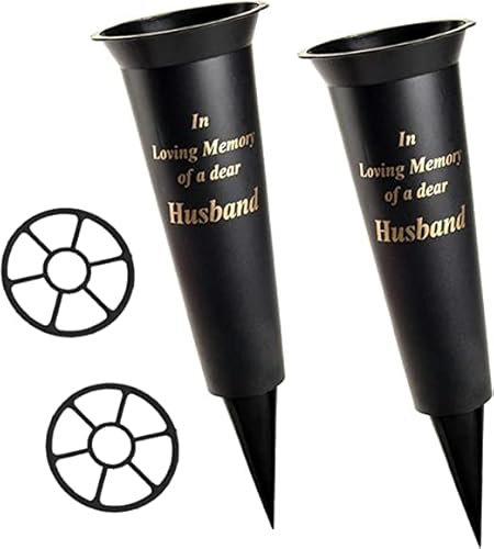 Set of 2 Black In Loving Memory HUSBAND Spiked Memorial Grave Flower Vases Graveside Memorial with flower holder inserts