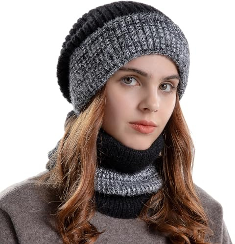 WANYIG Winter Mütze mit Schal Damen Wintermütze Warm Strickmütze Wollmütze Weich Gestrickt Beanie Loop Schal Set für Herbst Winter 55-60cm(Schwarz)