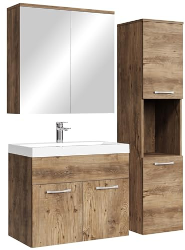 Badplaats Badmöbel Komplettset Montreal 60 x 35 cm Braun Eiche - Badezimmermöbel mit Waschbecken, Spiegelschrank und Badezimmerschrank
