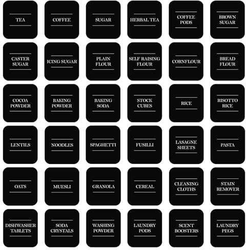 Argon Tableware 36x Storage Jar Labels - Black - Pre-Printed Sticky Adhesive Kitchen Pantry Glass Food Spice Jam Bottle Container Stickers