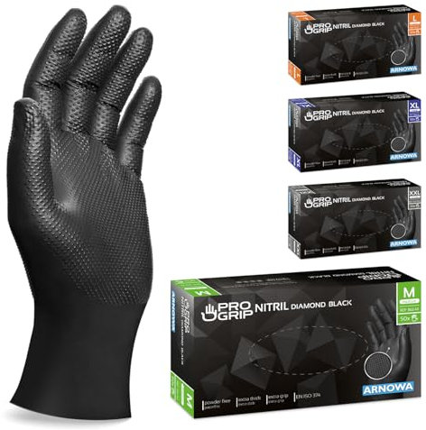 100x PROGRIP Guantes nitrilo talla M Negro [Con doble grosor y textura diamante], Guantes desechables de nitrilo para taller, industria y montaje, Luvas nitrilo descartaveis