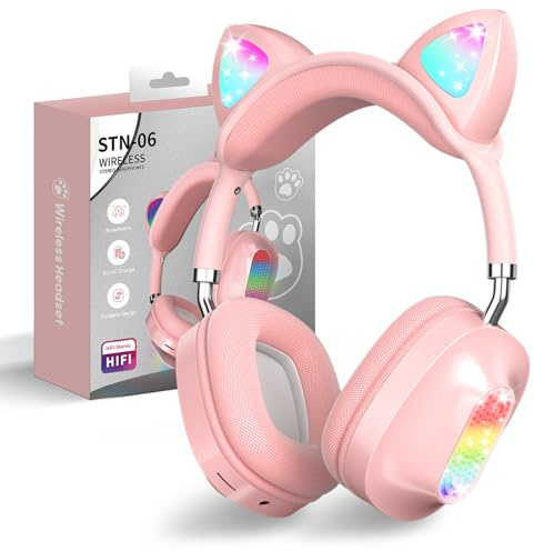 OHAANYY Cuffie Bluetooth per Bambini, Bambine, Cuffie per Orecchie da Gatto, Over-Ear con Luce LED, Cuffie Sereo Pieghevoli, Bluetooth, Cuffie Wireless per Bambini con Microfono, Micro SD/TF