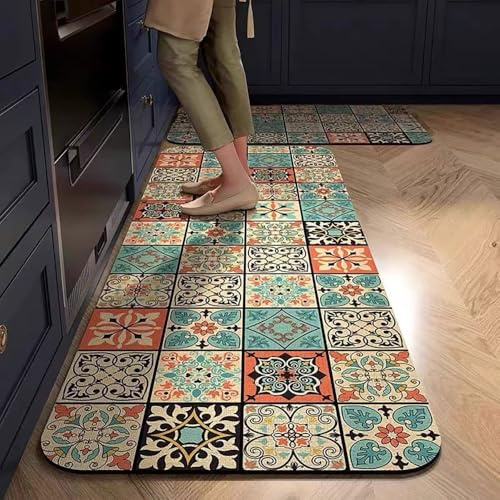 Hixingo tapis Cuisine Antidérapant, Absorbant Diatomite Motif de Carreaux Rétro, devant Evier Lavable, Tapis de Bain et Vaisselle (Rétro B, 50x180cm)
