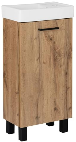 VBChome Badmöbelset 40x85x22 cm mit Waschbecken aus Keramik und Unterschrank mit Tür – Flexibel montierbar, stilvolles Design in Schwarz und Holz-Laminat
