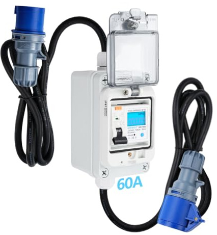 Contatore energia elettrica mobile 220V 60A Spina CEE Contatore digitale mobile con interruttore di tipo A da 16A 3 * 1,5mm² Lunghezza cavo 3m IP65 Impermeabile per uso domestico (HRDQ-07)