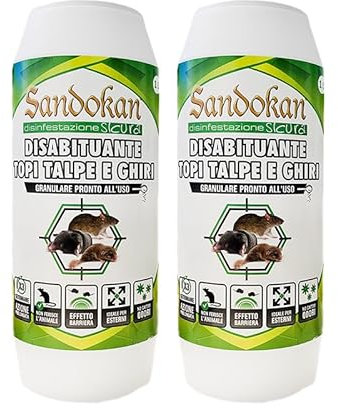 Sandokan 2 paquetes de ahuyentador granular – Repelente natural para ratones, ratas y topos, uso exterior, efecto barrera, listo para usar