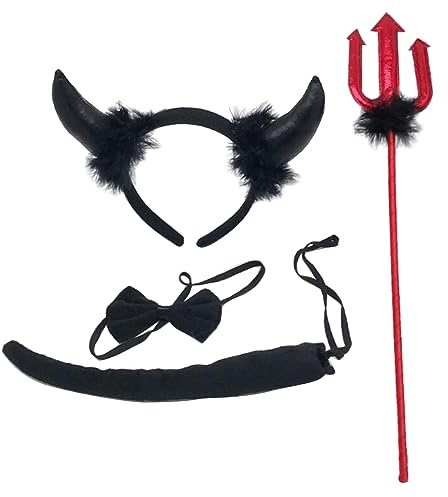 Uqezagpa 4Pcs Halloween Devil Costumes Red Horns Headband Red Pitchforks Bowtie Tail For Halloween Cosplay Party Accessories Devil Costume Set For Men Women