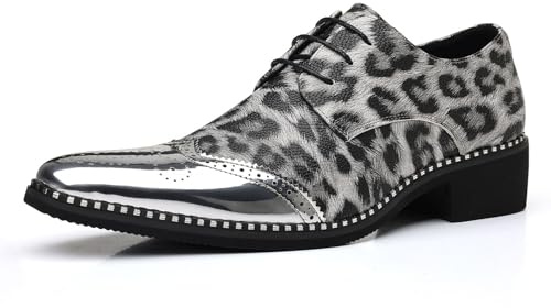 Scarpe Eleganti da Uomo con Stampa Leopardo Lucida | Scarpe Oxford Metalliche per Feste, Prom, Palco, Matrimonio e Outfit da Club,Argento,42.5 EU