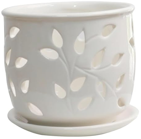 BAZEITFLOW Pot à Orchidées Perforé en Céramique Blanche 125 CM avec Drainage Intégré Jardinière Ronde pour Plantes D’Intérieur et Extérieur pour Orchidées Succulentes et Cactus Pot