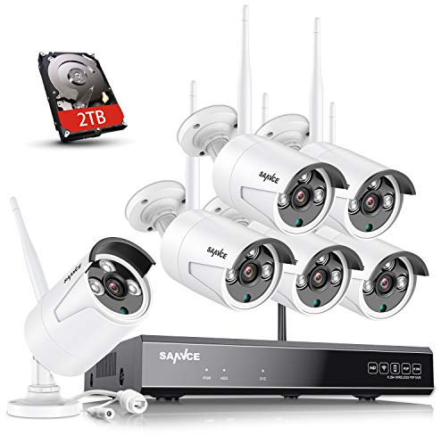 SANNCE 5MP 8CH Wireless NVR + 6x3MP Wireless Esterno Sicurezza Camera Set Telecamera di Sicurezza WLAN con Registrazione Audio,con Disco Rigido da 2TB AI Human Detection IP66 Impermeabile Supportato