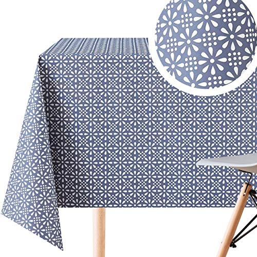 KP HOME Waterproof PVC Table Cloth Wipe Clean - Rectangular Oilcloth 118x55in | 300x140cm - Retro Flower Large Plastic Tablecloth - Wipeable Garden Plastic Table Cover in Navy Royal Blue