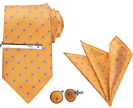 Allegra K Juego de gemelos para hombre, diseño de lunares, para corbata, pañuelo y clip, Naranja morado., Taille unique