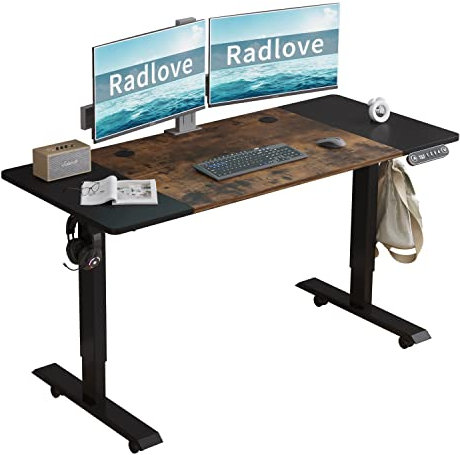 Radlove Elektrisch höhenverstellbarer Stehpult, 55'' x 24'', Splice Board Home Office Computer Stehtisch Höhenverstellbarer ergonomischer Schreibtisch (schwarzer Rahmen + 55 braune Platte)