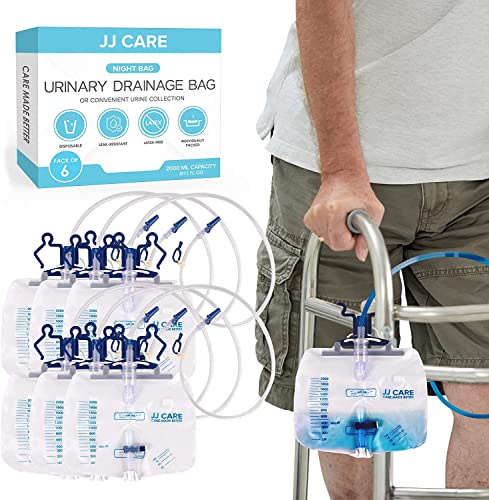 JJ CARE 2000 ml Urinary Drainage Bag w/ 48 Drainage Tube (Pack of 6), Disposable Anti-Reflux Chamber Urine Bags with Double Hook Hanger, Leak Resistant Vinyl Catheter Bags for Men and Women