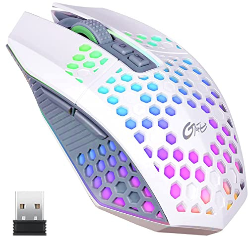 Combrite X8 Kabellose Gaming-Maus, wiederaufladbarer USB-C-Anschluss, Wabenmuster mit Regenbogen-LED-Hintergrundbeleuchtung, leises Klicken, 6 programmierte Tasten (Weiß)