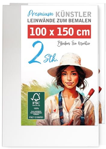 2er-Set Künstler-Leinwand XXL zum Bemalen 100x150cm groß. Die Wandbild Leinwand aus 100% Baumwolle ist umlaufend gespannt auf FSC® Holz-Keilrahmen mit 37mm Stärke, 380g/m², 2-fach weiß grundiert