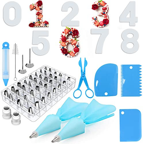 XunHe Backform Zahlen, 9 Stk Kuchenform 0-8 und 42 Spritzbeutel Spritztüllen Set für Tortendekoration Groß Zahlenform zum Backen Torte Weiß Kunststoffschablonen -10 Zoll, JTOO-3290