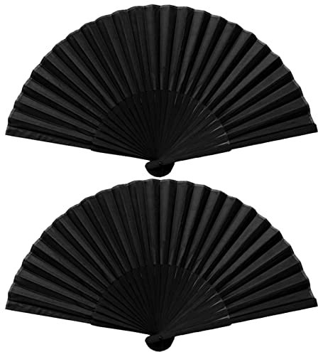 Karjiaja Black Folding Hand Fan - Chinese Bamboo Handheld Fan with Silk Fabric for Women