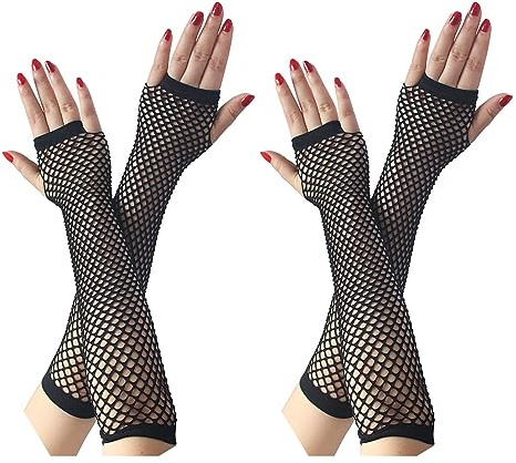 2 paia di guanti a rete da donna, guanto lungo senza dita in rete, guanti elastici per il vestito, accessori per costumi da ballo e festa (Nero)