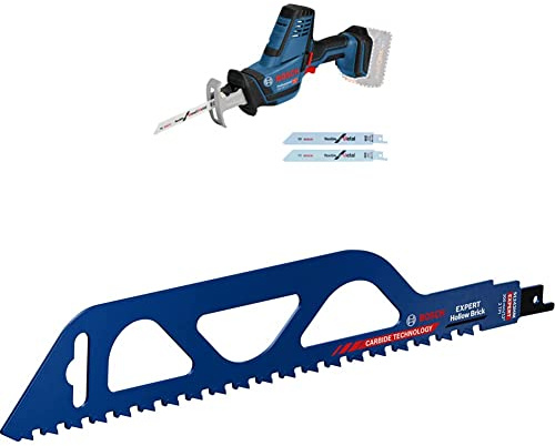 Bosch Professional 18V System GSA 18 V-LI C (Schnitttiefe 200 mm) + 1x Expert ‘Hollow Brick’ S 1243 HM Säbelsägeblatt (für Planziegel, Länge 300 mm, Zubehör Säbelsäge)