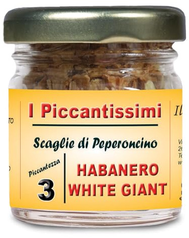 I Piccantissimi - Pimiento picante HABANERO BLANCO GIGANTE en tarro (15gr) - Chili Flakes de larga duración - Pimiento habanero cultivado en Italia (300.000 SHU)