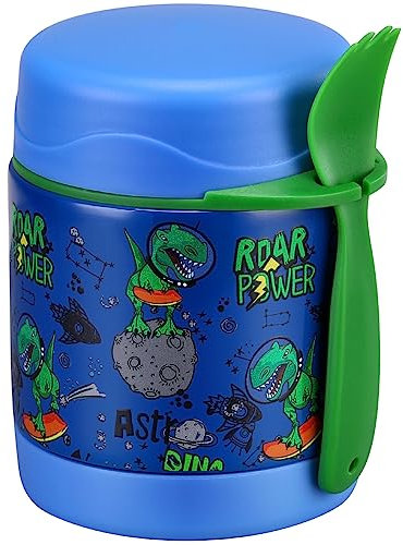 10oz Soup Thermo for Hot Food Kids Insulated Food Jar,Thermo Hot Food Lunch Container, Width Mouth Stainless Steel Lunch Box for Kids with Spoon (Blue-dinosaur)