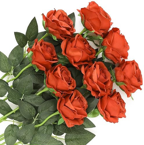 Veryhome 10 Pcs Artificial Roses Silk Flowers Fake Single Stem Rose Bud Bridal Bouqets For Wedding Home Birthday Party Arrangment Garden Decoration (Burnt Orange)