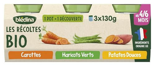 Blédina - Les Récoltes Bio - Carottes, Haricots Verts, Patate Douce - Recette BIO et simple - De 4 à 6 mois - 18 Pots de 130g