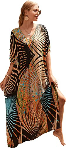 LOUSEA Kaftane für Damen, Übergröße, Badevertuschung, V-Ausschnitt, Fledermauskleid, lockere Passform, marokkanisches Kaftan-Mumu-Kleid für Damen, A Print42, XX-Large