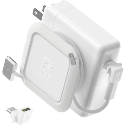 Fuse Reel The Side Kick Collapsible Charger Organizer With USB-C Right Angle Adapter Compatible with MacBook and PC charging cords and adapter cable management best computer winder (White w/Adapter)