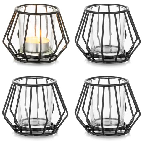 Romadedi Teelichthalter Metall Schwarz, 4er Set mit Glas | Windlichter für Teelichter und Votivkerzen, für Wohnzimmer, Schlafzimmer, Esstisch und Tischdeko