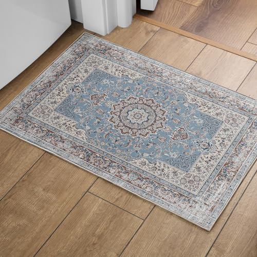 OMERAI Teppich Wohnzimmer Waschbarer Kurzflor Orientalisch Weiche Schlafzimmer blau rutschfest Vintage 60x130CM Waschmaschine