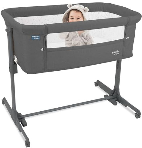 ib style Aluna 3in1 Beistellbett, Babybett, Zustellbett, weiche Matratze, 5-Fach Höhenverstellbar, Reisebett mit Tasche, Kinderbett mit Rollen, Wiege, für Zuhause und Unterwegs - Dunkel Grau