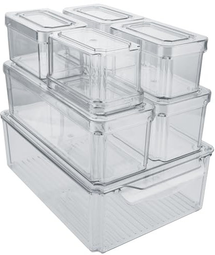 LDHHYH 7 Pack Fridge Storage Containers with Lids, Fridge Organisers Stackable Refrigerator Organizer Storage, Clear Plastic Fridge Storage Containers for Freezer, Pantry, Cabinet