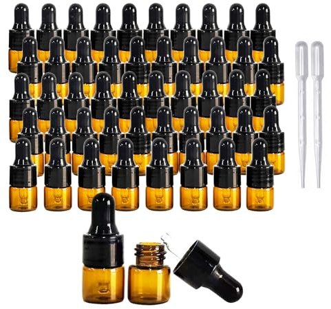 PYAWI 50 st bärnstensglas mini droppflaska 1 ml bärnsten eteriska oljor flaskor flaskor resor kosmetisk prov behållare flytande parfym ögondroppare flaska (1 ml)